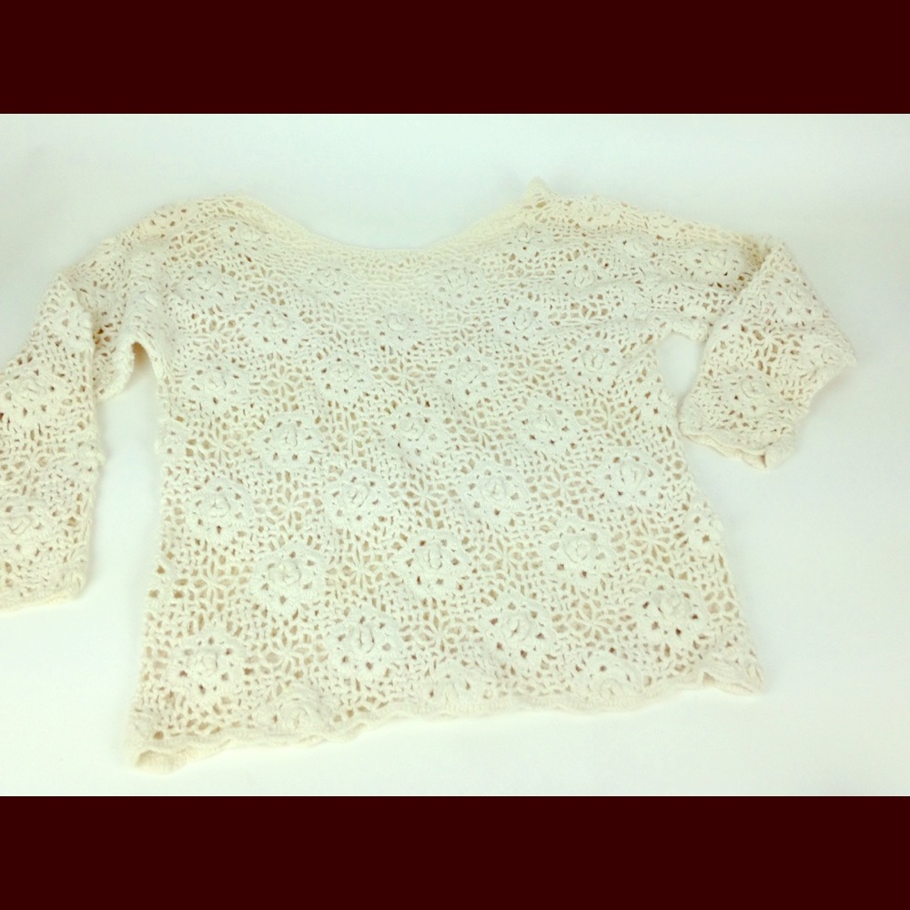 Vtg 90s Floral Crochet Boho Drop Back Sweater L/XL